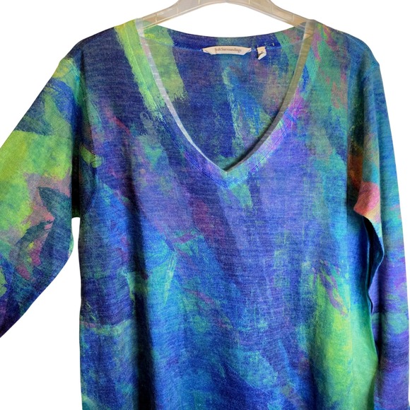 Soft Surroundings Colorful Sweater Top V-Neck Medium Blue Green Abstract - Picture 6 of 12